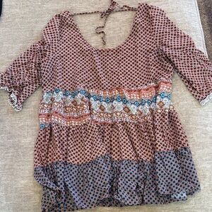 Umgee Brown and Blue Patterned Blouse